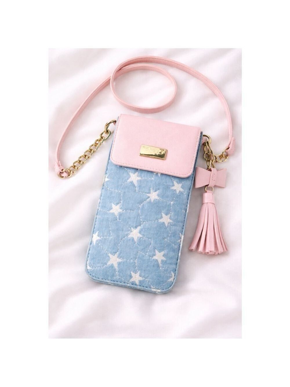 💖 Pink & Denim Star Phone Crossbody Bag | Tassel Mini Purse Cute Everyday